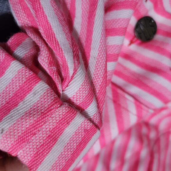 Vintage Mr Fly Bib Overalls Pink Stripe Button Denim Shortalls Shorts Cuffed XS - Picture 8 of 16